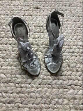 Aldo Silver Floral Ankle-Strap Heels with Ruffle Appliqué
